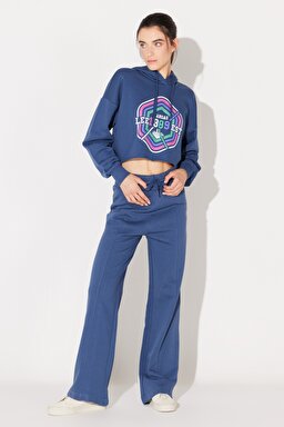 Regular Fit Normal Kesim Kapüşonlu Şardonlu Crop Mavi Sweatshirt - Blue-L232348400 (görsel 4)