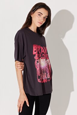 Loose Fit Rahat Kesim %100 Pamuk Bisiklet Yaka Antrasit Tişört - Anthracite-L232354003 (görsel 3)
