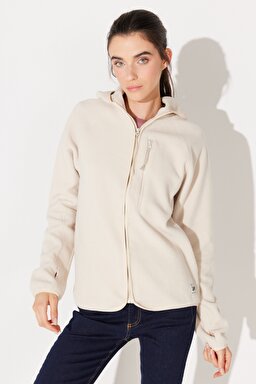 Regular Fit Normal Kesim Kapüşonlu Tam Fermuarlı Ekru Sherpa Ceket - Ecru-L232371104 (görsel 2)