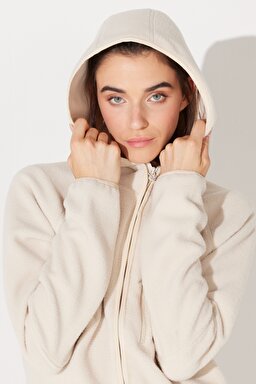 Regular Fit Normal Kesim Kapüşonlu Tam Fermuarlı Ekru Sherpa Ceket - Ecru-L232371104 (görsel 3)