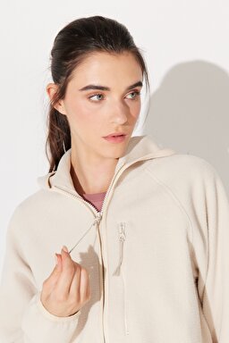 Regular Fit Normal Kesim Kapüşonlu Tam Fermuarlı Ekru Sherpa Ceket - Ecru-L232371104 (görsel 4)