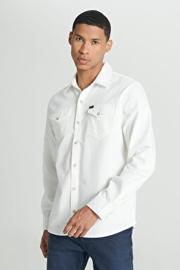Regular Fit Normal Kesim %100 Pamuk Kırık Beyaz Uzun Kollu Gömlek - Off White-L232380102 (görsel 2)