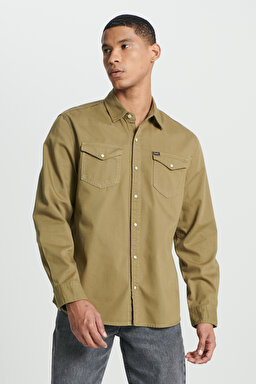 Regular Fit Normal Kesim %100 Pamuk Yeşil Uzun Kollu Gömlek - Olive-L232380308
