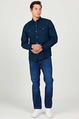 Regular Fit Normal Kesim %100 Pamuk Lacivert Uzun Kollu Gömlek - Navy-L232380410 (görsel 5)