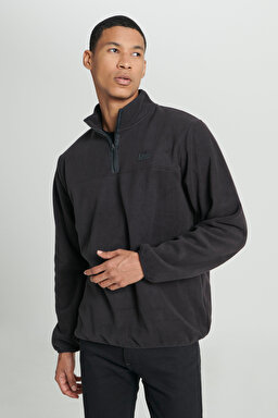 Regular Fit Normal Kesim Dik Yaka Yarım Fermuarlı Siyah Polar - Black-L232381001 (görsel 2)