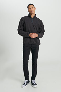 Regular Fit Normal Kesim Dik Yaka Yarım Fermuarlı Siyah Polar - Black-L232381001 (görsel 4)