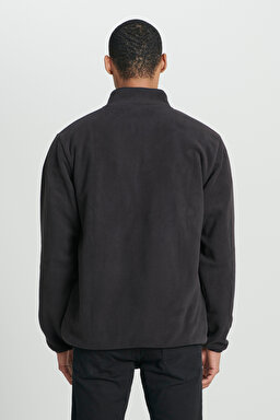 Regular Fit Normal Kesim Dik Yaka Yarım Fermuarlı Siyah Polar - Black-L232381001 (görsel 6)
