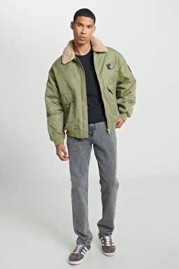 Regular Fit Normal Kesim Patch Detaylı Sherpa Yaka Haki Bomber Ceket - Khaki-L232386801 (görsel 4)