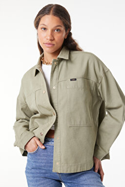 Oversize Fit Geniş Kesim Çıtçıtlı Açık Yeşil Gömlek - Olive Green-L23240172 (görsel 3)