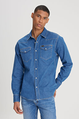 Regular Fit Normal Kesim %100 Pamuk Mavi Uzun Kollu Jean Denim Kot Gömlek - Mid Stone-L23248855