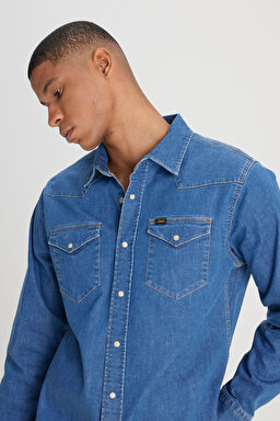 Regular Fit Normal Kesim %100 Pamuk Mavi Uzun Kollu Jean Denim Kot Gömlek - Mid Stone-L23248855 (görsel 2)