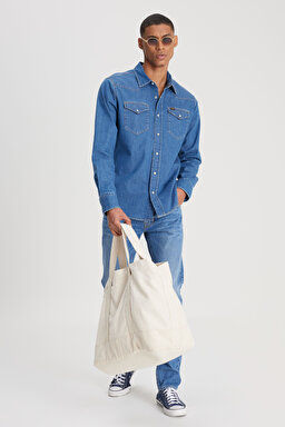 Regular Fit Normal Kesim %100 Pamuk Mavi Uzun Kollu Jean Denim Kot Gömlek - Mid Stone-L23248855 (görsel 3)