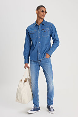 Regular Fit Normal Kesim %100 Pamuk Mavi Uzun Kollu Jean Denim Kot Gömlek - Mid Stone-L23248855 (görsel 4)