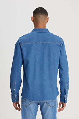 Regular Fit Normal Kesim %100 Pamuk Mavi Uzun Kollu Jean Denim Kot Gömlek - Mid Stone-L23248855 (görsel 6)