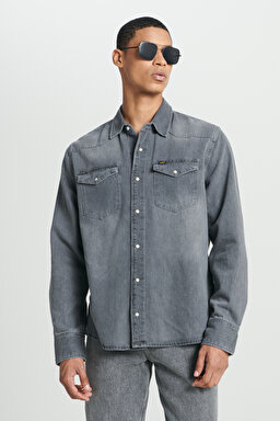 Regular Fit Normal Kesim %100 Pamuk Gri Uzun Kollu Jean Denim Kot Gömlek - Black Authentic-L232520H70
