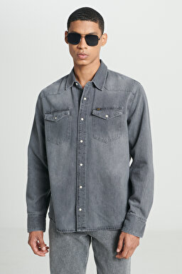 Regular Fit Normal Kesim %100 Pamuk Gri Uzun Kollu Jean Denim Kot Gömlek - Black Authentic-L232520H70 (görsel 2)
