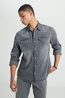 Regular Fit Normal Kesim %100 Pamuk Gri Uzun Kollu Jean Denim Kot Gömlek - Black Authentic-L232520H70 (görsel 4)