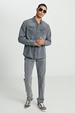 Regular Fit Normal Kesim %100 Pamuk Gri Uzun Kollu Jean Denim Kot Gömlek - Black Authentic-L232520H70 (görsel 5)