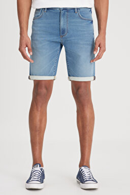 Slim Fit Dar Kesim Yüksek Bel 5 Cepli Mavi Jean Kot Şort - Mid Blue-L241079XT (görsel 4)