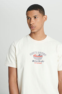 Regular Fit Normal Kesim Bisiklet Yaka %100 Pamuk Kırık Beyaz Tişört - Off White-L241184102 (görsel 5)