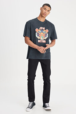 Loose Fit Rahat Kesim Bisiklet Yaka %100 Pamuk Antrasit Tişört - Anthracite-L241188003 (görsel 3)