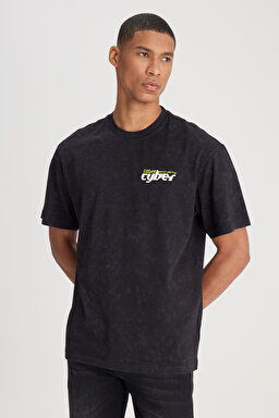 Loose Fit Rahat Kesim Bisiklet Yaka %100 Pamuk Siyah Tişört - Black-L241220001
