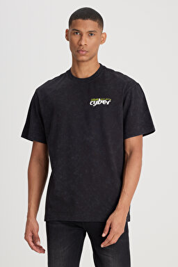 Loose Fit Rahat Kesim Bisiklet Yaka %100 Pamuk Siyah Tişört - Black-L241220001 (görsel 2)