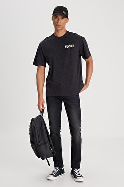 Loose Fit Rahat Kesim Bisiklet Yaka %100 Pamuk Siyah Tişört - Black-L241220001 (görsel 3)