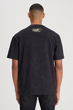Loose Fit Rahat Kesim Bisiklet Yaka %100 Pamuk Siyah Tişört - Black-L241220001 (görsel 6)