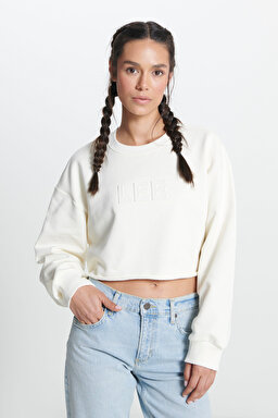 Bisiklet Yaka %100 Pamuk Ekru Crop Sweatshirt - Ecru-L241261NQ