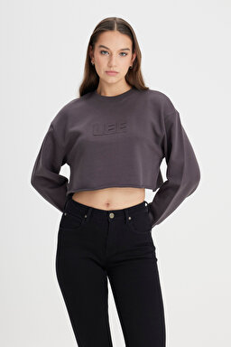 Bisiklet Yaka %100 Pamuk Siyah Crop Sweatshirt - Washed Black-L241261ON (görsel 2)
