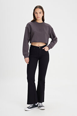 Bisiklet Yaka %100 Pamuk Siyah Crop Sweatshirt - Washed Black-L241261ON (görsel 3)