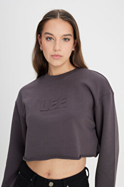 Bisiklet Yaka %100 Pamuk Siyah Crop Sweatshirt - Washed Black-L241261ON (görsel 4)