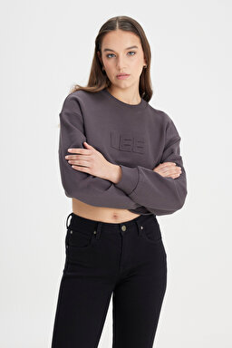Bisiklet Yaka %100 Pamuk Siyah Crop Sweatshirt - Washed Black-L241261ON (görsel 5)