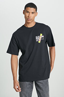 Loose Fit Rahat Kesim Bisiklet Yaka %100 Pamuk Siyah Tişört - Black-L241331001 (görsel 2)