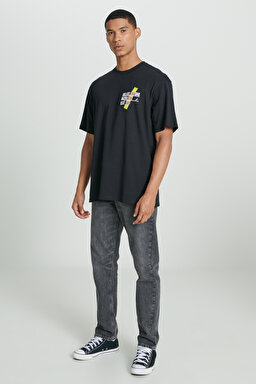 Loose Fit Rahat Kesim Bisiklet Yaka %100 Pamuk Siyah Tişört - Black-L241331001 (görsel 3)