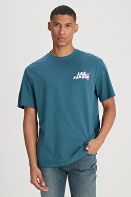Loose Fit Rahat Kesim Bisiklet Yaka %100 Pamuk Petrol Rengi Tişört - Petrol-L241363405 (görsel 2)