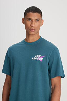Loose Fit Rahat Kesim Bisiklet Yaka %100 Pamuk Petrol Rengi Tişört - Petrol-L241363405 (görsel 3)