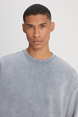 Loose Fit Rahat Kesim Bisiklet Yaka %100 Pamuk Gri Sweatshirt - Gray-L241469035 (görsel 4)