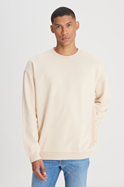 Loose Fit Rahat Kesim Bisiklet Yaka %100 Pamuk Ekru Sweatshirt - Ecru-L241469NQ