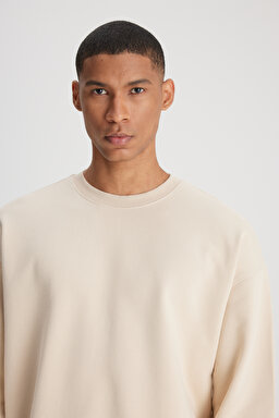 Loose Fit Rahat Kesim Bisiklet Yaka %100 Pamuk Ekru Sweatshirt - Ecru-L241469NQ (görsel 3)