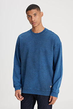 Loose Fit Rahat Kesim Bisiklet Yaka %100 Pamuk İndigo Sweatshirt - İndigo-L241469TF