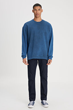Loose Fit Rahat Kesim Bisiklet Yaka %100 Pamuk İndigo Sweatshirt - İndigo-L241469TF (görsel 3)
