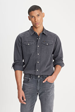 Regular Fit Normal Kesim %100 Pamuk Antrasit Jean Kot Gömlek - Anthracite-L241513003 (görsel 2)