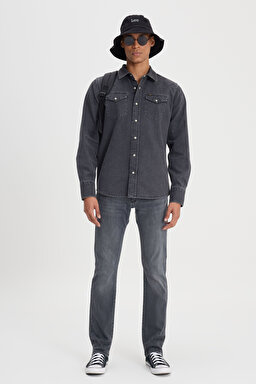 Regular Fit Normal Kesim %100 Pamuk Antrasit Jean Kot Gömlek - Anthracite-L241513003 (görsel 3)