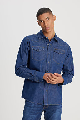 Regular Fit Normal Kesim %100 Pamuk Lacivert Jean Kot Gömlek - Rinse-L241513401 (görsel 4)