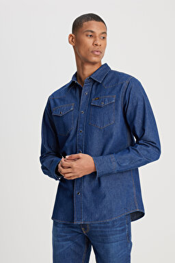 Regular Fit Normal Kesim %100 Pamuk Lacivert Jean Kot Gömlek - Rinse-L241513401 (görsel 5)