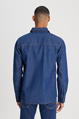 Regular Fit Normal Kesim %100 Pamuk Lacivert Jean Kot Gömlek - Rinse-L241513401 (görsel 8)