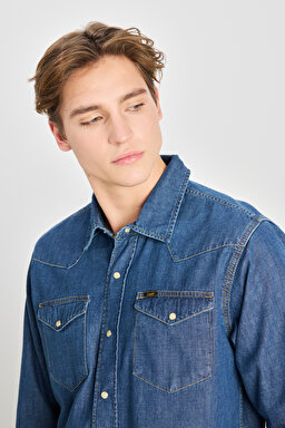 Regular Fit Normal Kesim %100 Pamuk Mavi Jean Kot Gömlek - Mid Blue-L241513XT (görsel 4)