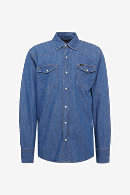 Regular Fit Normal Kesim %100 Pamuk Mavi Jean Kot Gömlek - Mid Blue-L241513XT (görsel 6)